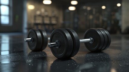 A pair of dumbbells resting on a gym floor, emphasizing fitness and strength training.