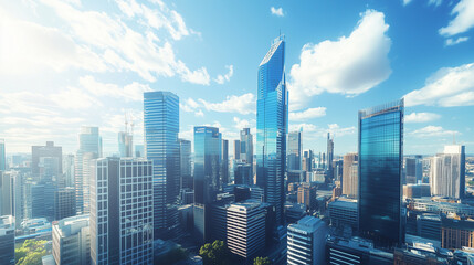 Obraz premium City Skyline and Skyscrapers Under Blue Sky and White Clouds Aerial View