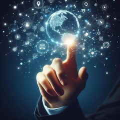 Hand touches a glowing Earth with interconnected icons and symbols representing various technologies on a dark background.