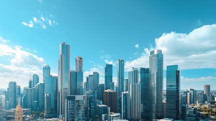Naklejka premium City Skyline and Skyscrapers Under Blue Sky and White Clouds Aerial View