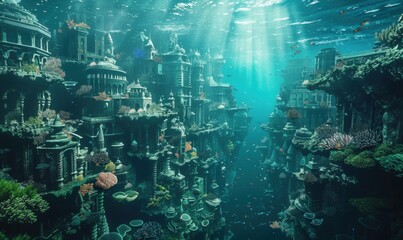 Submersed Coral City: Aquatic Realm Exploration, 4K hyperrealistic photo