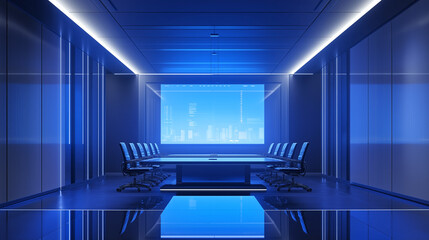 Modern High-Tech Conference Rooms with Sleek Blue Tones and Futuristic Design
