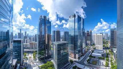 City Skyline and Skyscrapers Under Blue Sky and White Clouds Aerial View