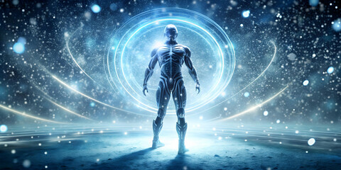 3D Glowing Abstract Figure in Radiant Snowstorm: Futuristic Winter Gear Concept for Dynamic Promotions