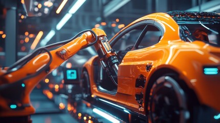 Fototapeta premium A robotic arm assembling an orange car in a futuristic industrial setting.