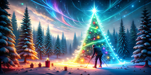 Futuristic Abstract Glowing Figure Cutting Down Radiant Christmas Tree in Neon Winter Forest - Festive Holiday Stock Photo Concept