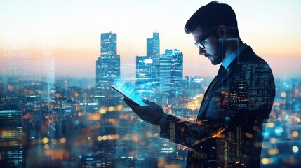 A professional in a suit uses a smart device overlooking a vibrant digital cityscape at twilight hour.