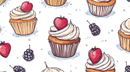 Seamless Pattern Hand-Drawn Colorful Cupcake Pattern on White Background