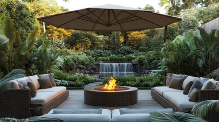 A comfortable outdoor lounge area with contemporary wicker furniture, a large umbrella for shade, and a fire pit in the center, surrounded by lush landscaping and a water feature in the background.