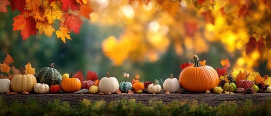 Autumn Harvest Table Decor with Blurred Garden Background and Mixed Fruits and Leaves.