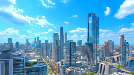 Obraz premium City Skyline and Skyscrapers Under Blue Sky and White Clouds Aerial View