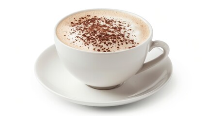 Naklejka premium A white coffee cup with a white saucer and a brown foam on top