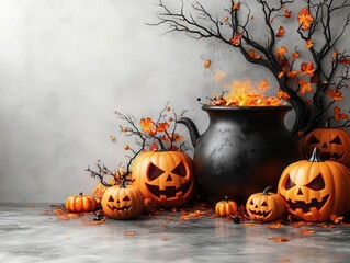 halloweenthemed collection featuring a bubbling cauldron surrounded by jackolanterns pumpkins and eerie trees creating a whimsical yet spooky atmosphere against a white background