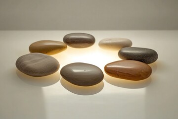 A collection of smooth, polished river stones arranged in a neat circle on a white surface, illuminated by soft, natural lighting in a minimalist studio setting.