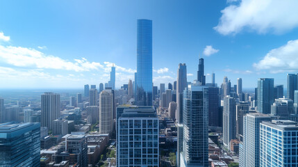 Obraz premium City Skyline and Skyscrapers Under Blue Sky and White Clouds Aerial View