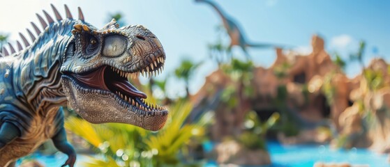 Obraz premium A dinosaur is standing in front of a large rock formation