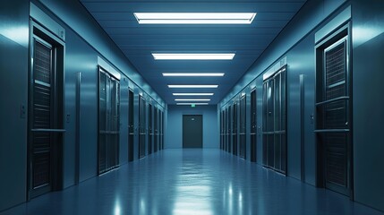 Interior of a prison corridor with rows of cells and locked doors, illuminated by ceiling lights.