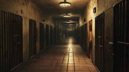 Interior of a prison corridor with rows of cells and locked doors, illuminated by ceiling lights.