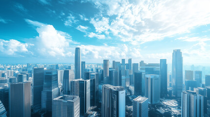 Fototapeta premium Aerial View of City Skyline and High-Rise Buildings Under Blue Sky and White Clouds