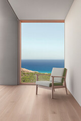 Fototapeta premium Modern chair by a large window with ocean view in a serene, minimalistic interior setting