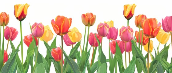 Obraz premium A row of flowers with a mix of pink, yellow, and orange colors
