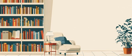 Fototapeta premium A white chair sits in front of a bookshelf filled with books