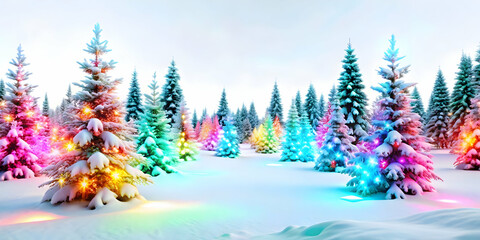 Fototapeta premium 3D Glowing Winter Forest Scene with Radiant Digital Snowfall - Futuristic Neon Elements Perfect for Holiday Promotions and Winter Banners