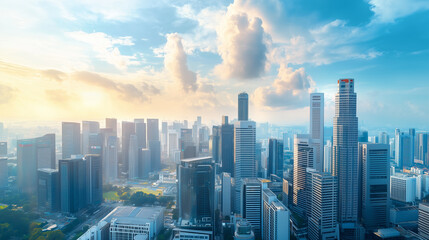 Aerial View of City Skyline and High-Rise Buildings Under Blue Sky and White Clouds