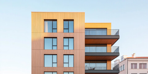 Modern wooden apartment building with balconies in an urban setting during daylight