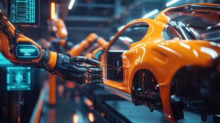 Fototapeta premium A robotic arm assembles an orange car in a futuristic manufacturing setting.