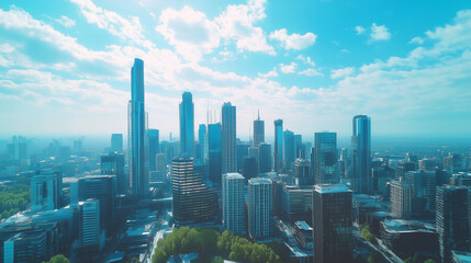 Aerial View of City Skyline and High-Rise Buildings Under Blue Sky and White Clouds