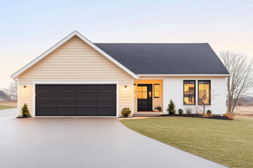 Fototapeta premium Modern suburban home with black garage doors and landscaped yard during golden hour