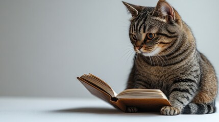 A tabby cat gazes with curiosity at a book, lost in thought and wonder