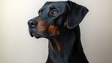 A sleek black and tan dog with attentive eyes rests its head, showcasing its elegance