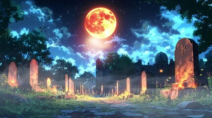 The haunted cemetery is illuminated by the moon, with rusted iron gates, broken tombstones, and swirling mist - Powered by Adobe