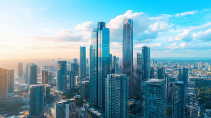 Aerial View of City Skyline and High-Rise Buildings Under Blue Sky and White Clouds