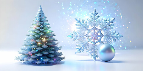 Obraz premium Holographic Snowflake and Glowing Christmas Tree: Captivating Winter Theme with Copy Space for Festive Photo Stock