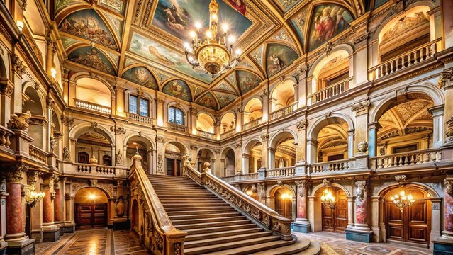 Historic university building in Bologna, Italy, featuring ornate Baroque architecture, grand staircase, and intricate frescoes, with Teatro Anatomico's wooden tiers and ceiling decorations.