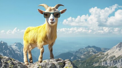 Cheerful Goat in Trendy Sunglasses on Mountain Top