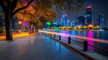 Obraz premium Cityscape at Night: Tranquil Bridge Scene with Vibrant Lights and Reflections, Lush Greenery and Urban Charm.