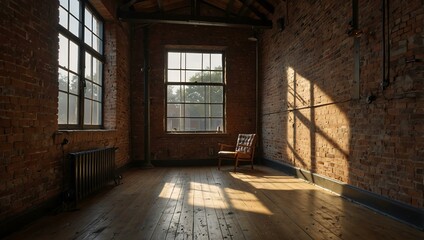 Sunbeams streaming through a loft window with exposed brick walls and wooden floors.