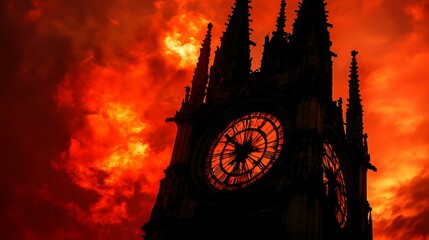 Gothic-style clock tower silhouetted against a fiery sunset