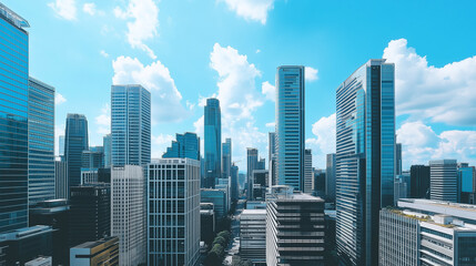 Fototapeta premium Aerial View of City Skyline and High-Rise Buildings Under Blue Sky and White Clouds