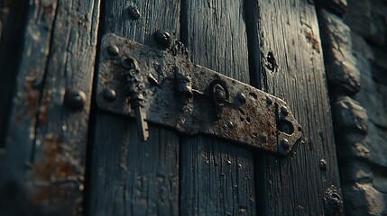 Old gothic key in a lock on a heavy wooden door, with rusted iron hinges