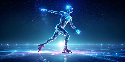 Obraz premium Flat Glowing Abstract Ice Skater on Neon Frozen Lake: A Vibrant Winter Activity Concept Illustration