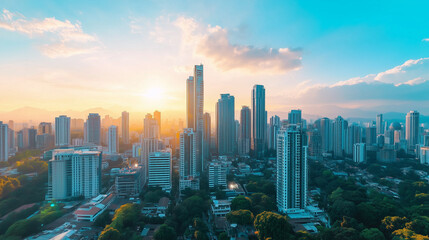 Obraz premium Aerial View of City Skyline and High-Rise Buildings Under Blue Sky and White Clouds