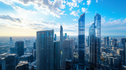 Obraz premium City Skyline and Skyscrapers Under Blue Sky and White Clouds Aerial View