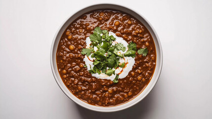 Dal makhani garnished with fresh cream, top view