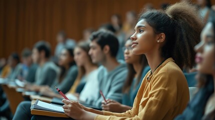 Attractive young female college student sitting in a lecture hall with her classmates and taking notes during a class