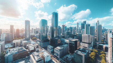 Obraz premium City Skyline and Skyscrapers Under Blue Sky and White Clouds Aerial View